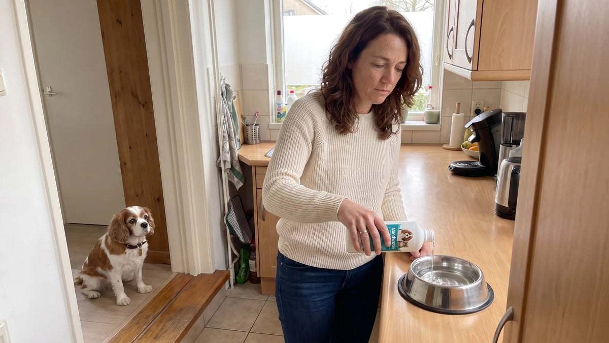 Sanne schenkt in de keuken mondwater voor honden uit een flesje in Luna's waterbak; Luna kijkt vanaf de gang toe zonder te drinken.