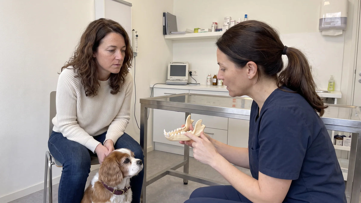 De dierenarts zit tegenover Sanne en legt met een anatomisch model van een hondengebit uit waar tandsteen kan zitten; Luna zit naast Sannes stoel.