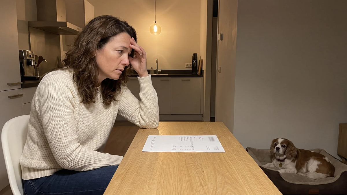Sanne zit 's avonds alleen aan de keukentafel met papieren voor zich, haar voorhoofd in één hand, en kijkt naar Luna die in haar mand ligt.