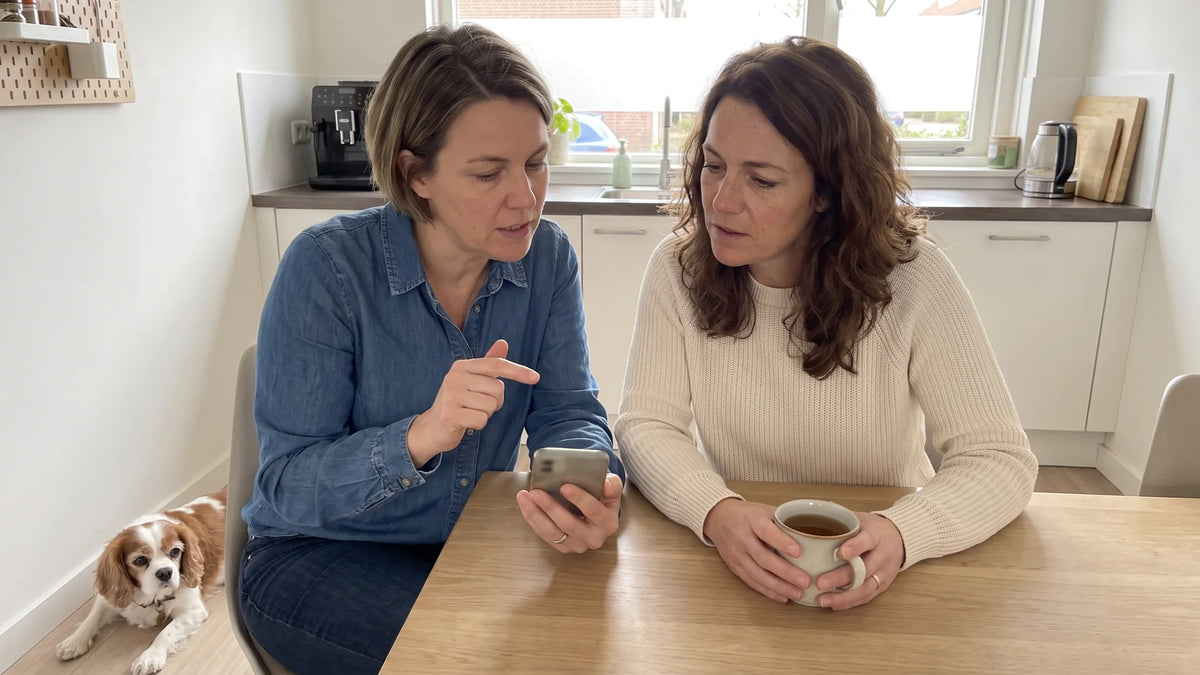 Emma en Sanne zitten met thee aan de keukentafel; Emma laat iets op haar telefoon zien terwijl Luna aan Sannes voeten ligt.