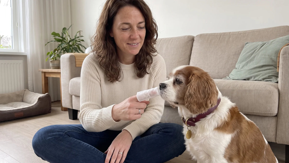 Sanne zit op de vloer en houdt haar wijsvinger met een doekje vlak voor Luna's neus; Luna ruikt er nieuwsgierig aan.