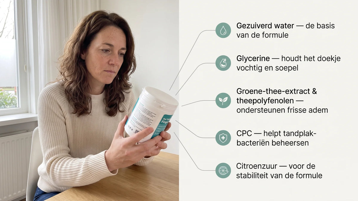 Sanne leest aan de keukentafel de ingrediëntenlijst op de achterkant van de DentalWipes-pot; ernaast staan de ingrediënten met hun functie uitgelegd.