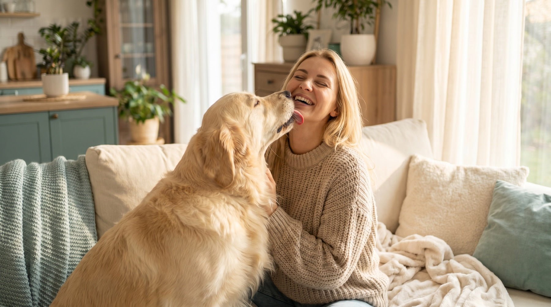 Blije baas krijgt een kus van haar gezonde hond